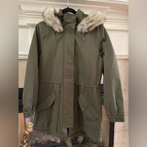 Banana Republic Jacket Womens Medium Green Parka Faux Fur Hood